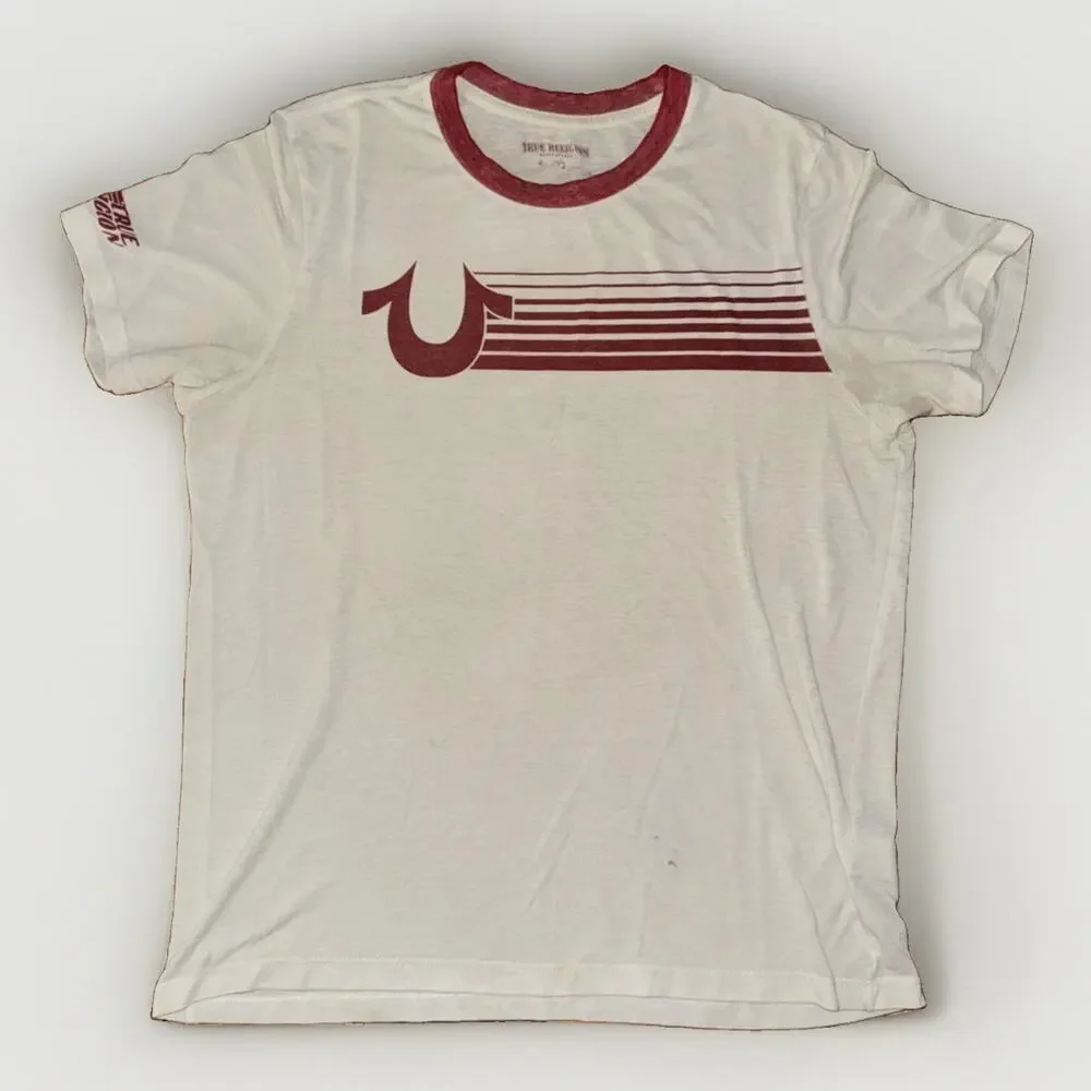 True Religion Ringer T-Shirt White Red Horseshoe Logo XL 21x25 Retro